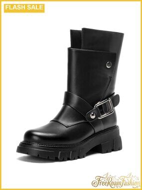 Women Faux Leather Ankle Boots Lug Sole Buckle Combat Biker Motorcycle Boots